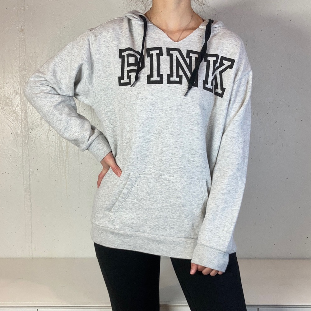 Gray + Black Pink Victoria’s Secret Casual V Neck Hooded Sweatshirt